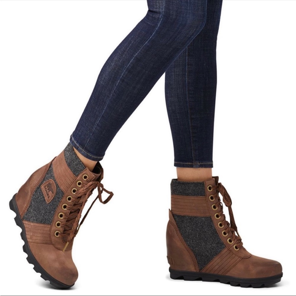 Sorel Lexie Wedge-Heel Leather Boots Brown Size 7